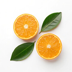 Fototapeta premium Fresh Orange Halves with Green Leaves on White Background – Minimalist Citrus Concept