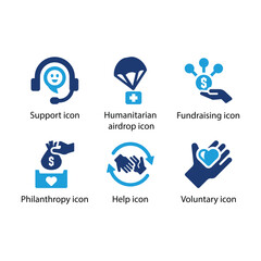 Support, Humanitarian airdrop, Fundraising, Philanthropy, Help, Voluntary, Blue Icon Set
