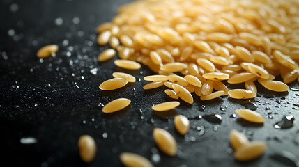 Fototapeta premium A close-up view of orzo pasta, the rice-shaped grains scattered delicately across a smooth, dark surface with a glossy finish.