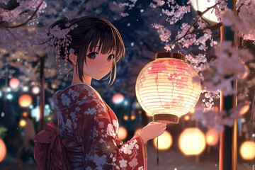 Anime girl in a kimono with a lantern at night