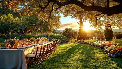Outdoor garden party dinner under trees at sunset