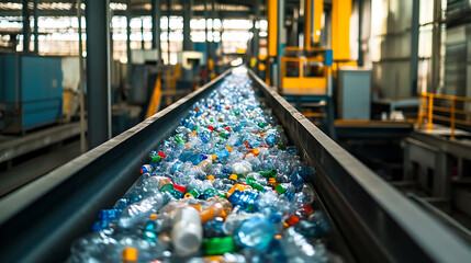 Conveyor belt with plastic recyclables at the enterprise, waste recycling and disposal concept