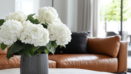 Modern living room with white hydrangeas