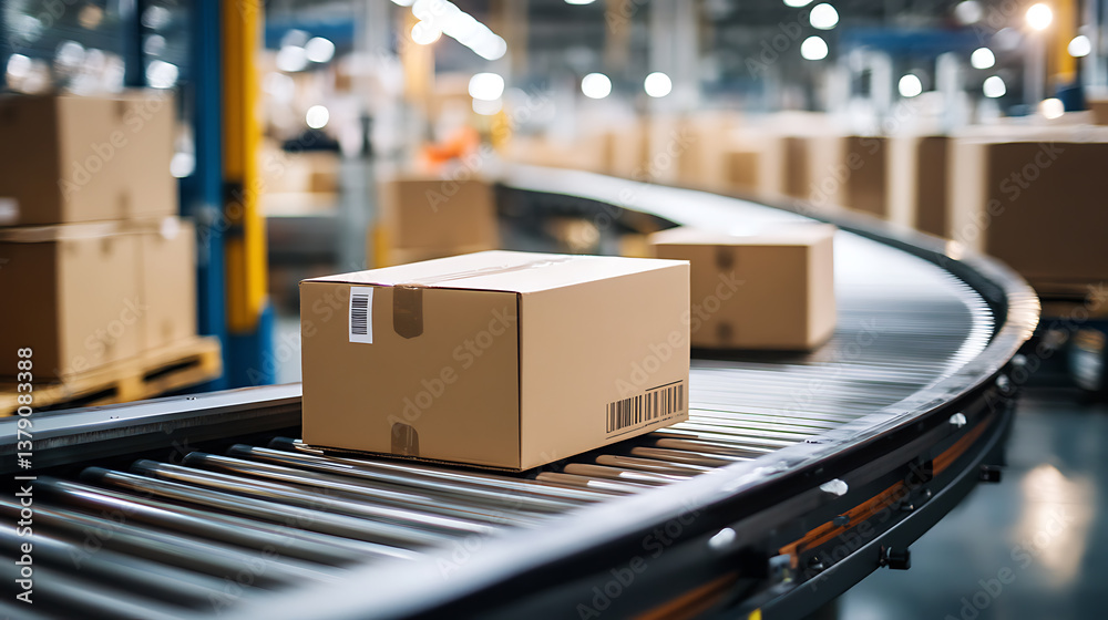 Poster conveyor with boxes for delivery in automated warehouse, cardboard parcels on production line, distr