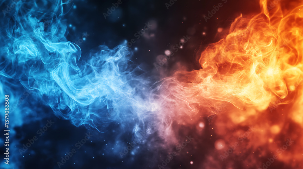 Wall mural abstract fire and ice concept background with smoke and empty space