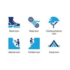 Boots, Rope, Climbing helmet, Alpinist, Climber, Camp, Blue Icon Set