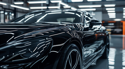 Obraz premium Polished gloss car, car paint protection advertisement, a fast black vehicle