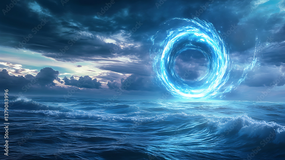 Poster portal from another dimension against the background of the sea, neon space galaxy portal