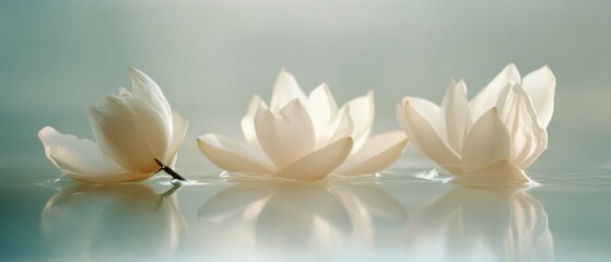 Three ethereal white water lilies float gracefully on a calm pond, their reflections mirrored on the water, evoking elegance and purity.