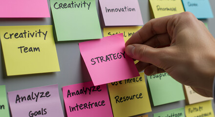 Strategy Planning Session: Creativity, Innovation, and Goal Analysis with Sticky Notes - Business Brainstorming & Team Collaboration