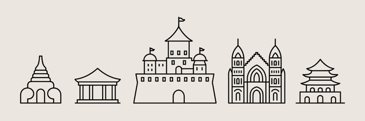 Fototapeta premium Minimalist outline illustration of medieval castle, ancient temple, and Gothic cathedral