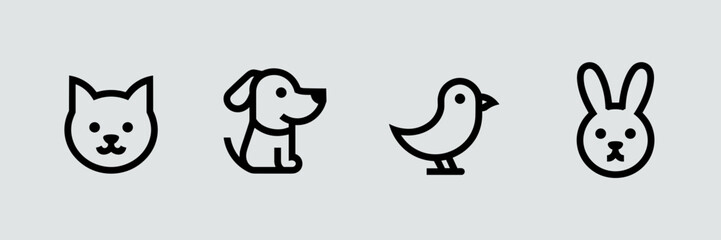 Minimalist vector icon set of outlined cat, dog, bird, and rabbit – Ideal for pet-related branding, mobile app UI, or minimalist graphic design.