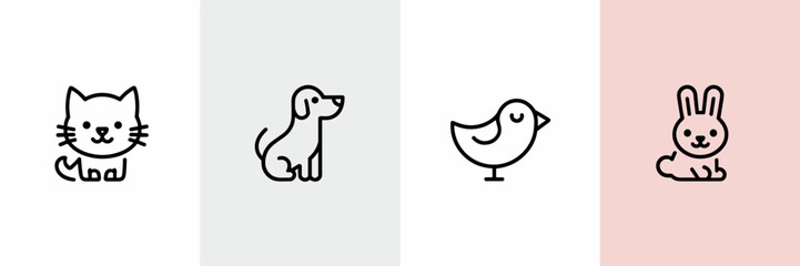 Minimalist vector icon set of cat, dog, bird, and rabbit in outline style – Great for digital products, pet store branding, or modern UI design.