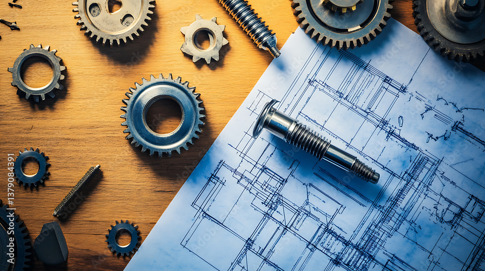 Aufkleber precision engineering with metal gears and technical blueprints on wooden table