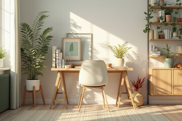 minimalist home office features a wooden desk chair and shelves with potted plants bathed in sunlight.