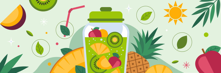 Vibrant vector illustration of a blender jar with tropical fruits and juice symbols – Perfect for health-focused marketing, smoothie shops, or tropical drink promotions.