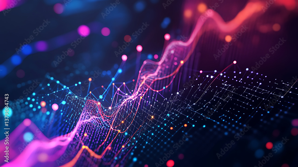 Poster Abstract graph visualization of business statistics complexity analytical diagrams in technology background bright neon dark
