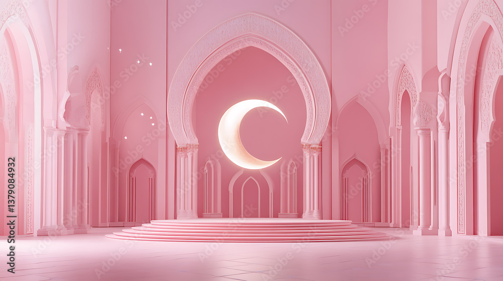 Poster Ramadan kareem banner design with 3d render of golden crescent moon on sand dune