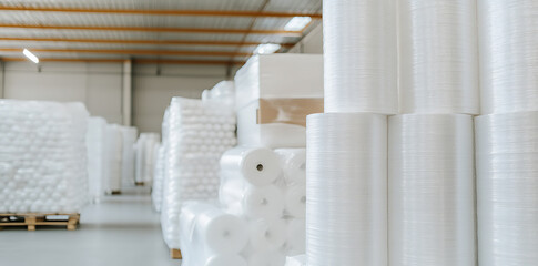 Neatly stacked rolls and packs of packaging material fill a warehouse. The rolls are the primary focus, with a long line trailing off into the background.