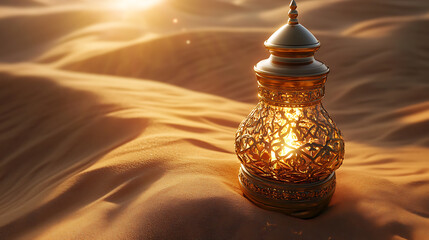 Ramadan kareem banner design with 3d render of golden crescent moon on sand dune
