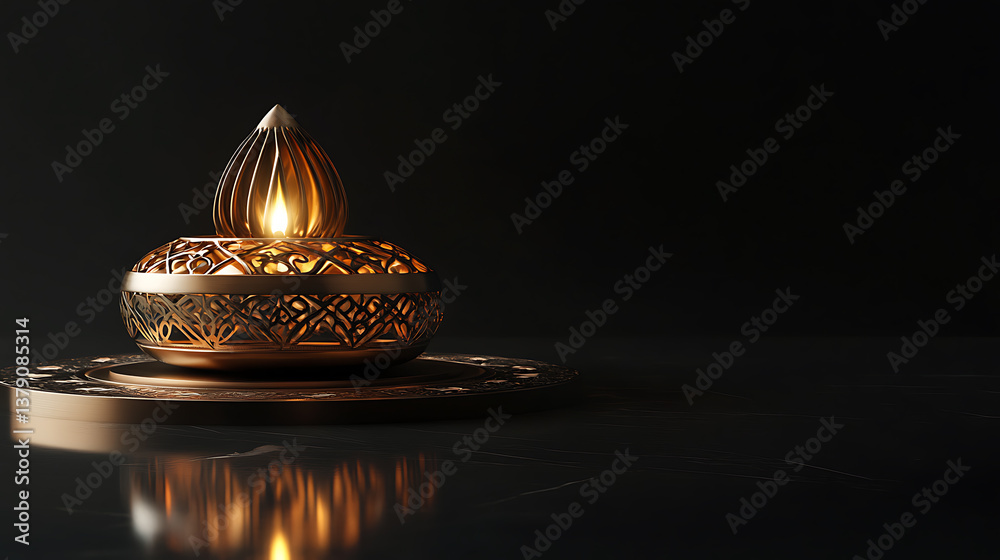 Aufkleber ramadan kareem banner design with 3d render of golden crescent moon on sand dune