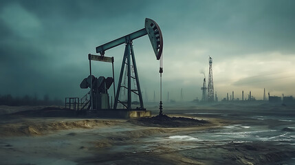 Fototapeta premium Crude oil, global crisis, drilling derricks, fossil fuels, gasoline concept, international war on oil prices worldwide, pump rig, pumpjack, oil and gas production, oilfield site
