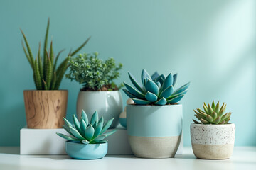 Obraz premium collection of succulents in pastel pots on teal background