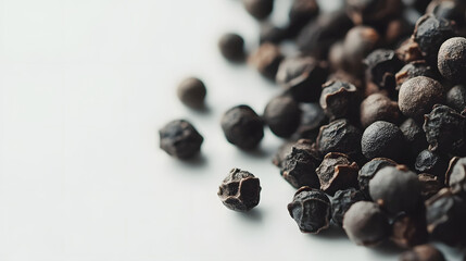Obraz premium A close-up view of whole cubeb peppercorns in dark gray, gathered in a small group on a clean white background, emphasizing their rough surface and distinct appearance.