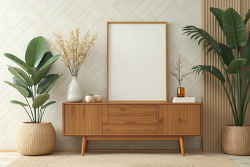 modern wooden sideboard with blank canvas print in minimalist living room