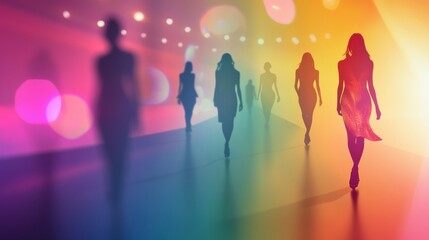 Fototapeta premium Colorful abstract background features silhouettes of fashion models walking down the runway in a vibrant setting with smooth gradients