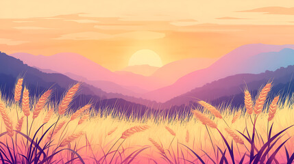 Realistic illustration of golden wheat field at sunrise for baisakhi celebration