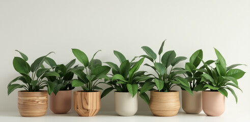 Obraz premium six vibrant potted peace lilies in wooden and pastel pots