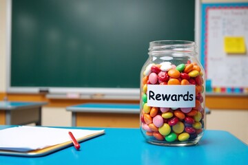 Glass Jar Filled with Colorful Candies Labeled "Rewards" Sitting on a Desk with a Notebook and Pencil, in Front of a Chalkboard, Symbolizing Incentives, Achievements, and Positive Reinforcement