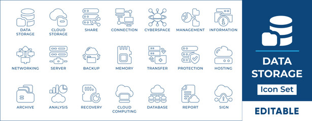 Storage Line Icon Set. Includes vector icons of storage, database, firewall, hosting, network, security, router, website, download, backup, maintenance, illustration, set
