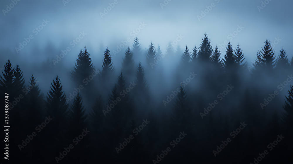 Poster dark pine trees in mist