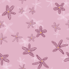 Digital seamless pattern with a motif of naive pink and white flowers on a pink background
