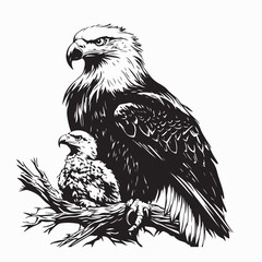 Majestic Eagle Sitting with Its Young, Carefully Observing the Surroundings from a Tree Branch Vector