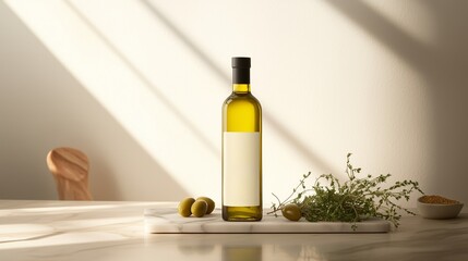 Obraz premium Olive oil bottle placed on marble surface with olives and herbs in bright sunlight