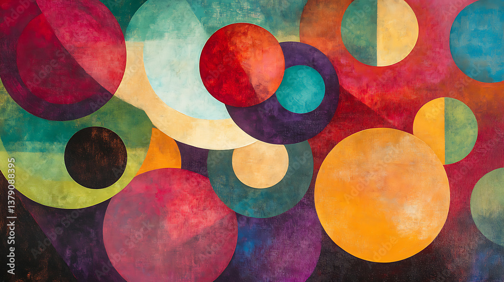 Poster abstract painting of circles in different colors and sizes, artistic texture and composition with ge