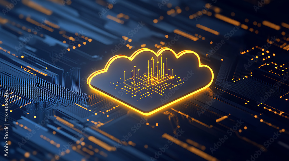Poster Data storage and cloud computing concept with digital yellow cloud symbol with arrow up and micro circuit inside on dark background, 3d rendering