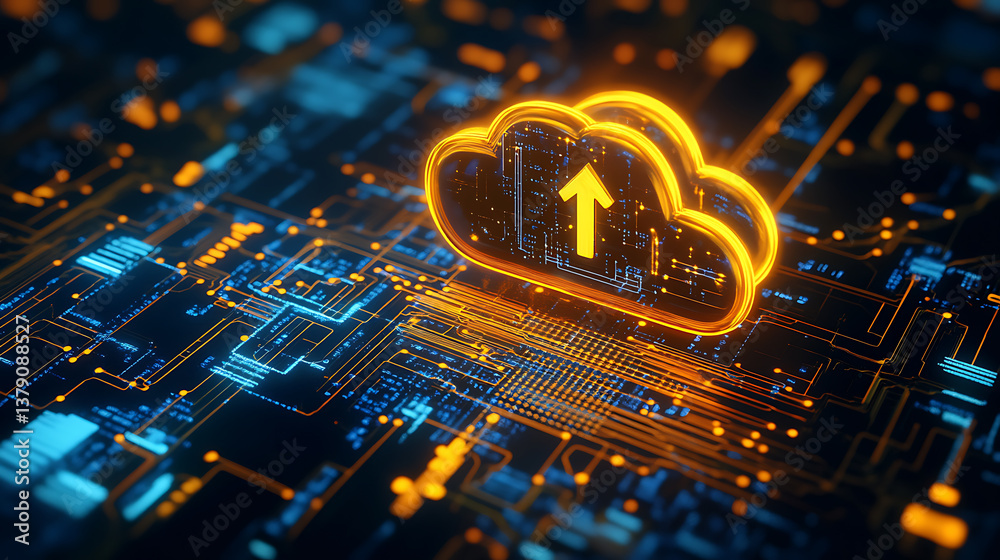 Poster Data storage and cloud computing concept with digital yellow cloud symbol with arrow up and micro circuit inside on dark background, 3d rendering