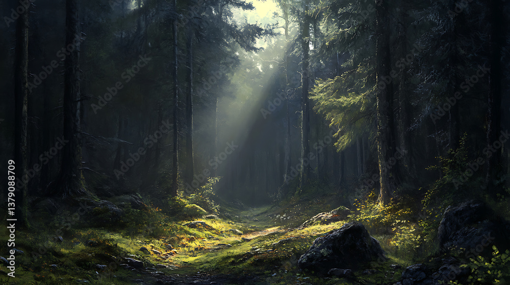 Poster deep forest landscape, clearing with a single ray of light, dark trees and stone