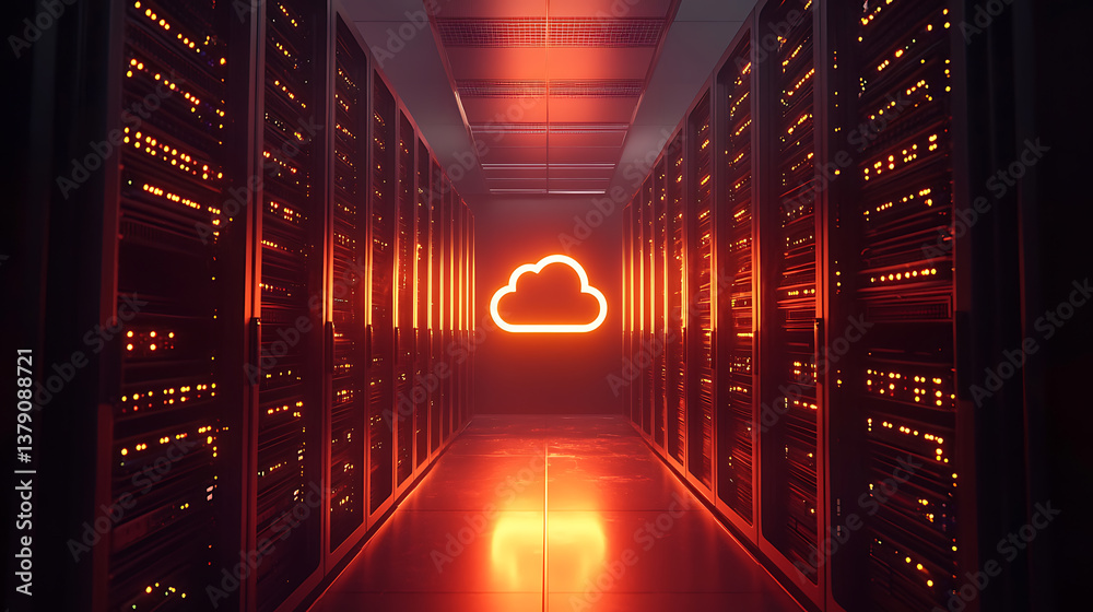 Aufkleber Render of a cloud server room with a glowing orange cloud icon on a dark background the image depicts cloud storage, global networks, and data transfer