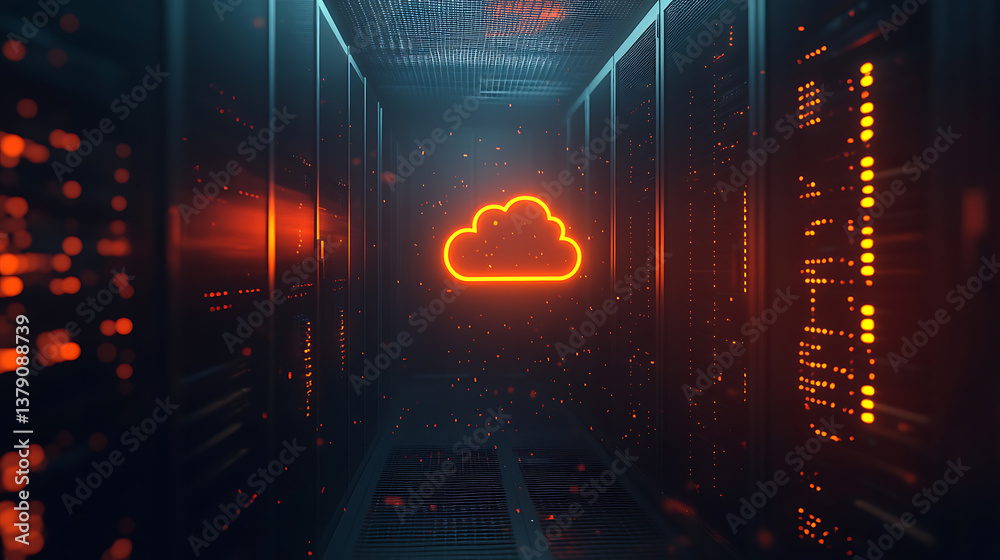 Leinwandbilder render of a cloud server room with a glowing orange cloud icon on a dark background the image depict