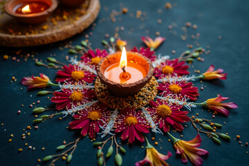lit candle in holder surrounded by red and yellow flowers on a dark background
