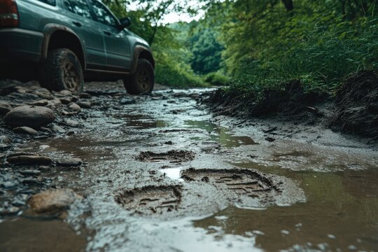 A shot of a man&rsquo;s muddy bootprints leading from his SUV into a river