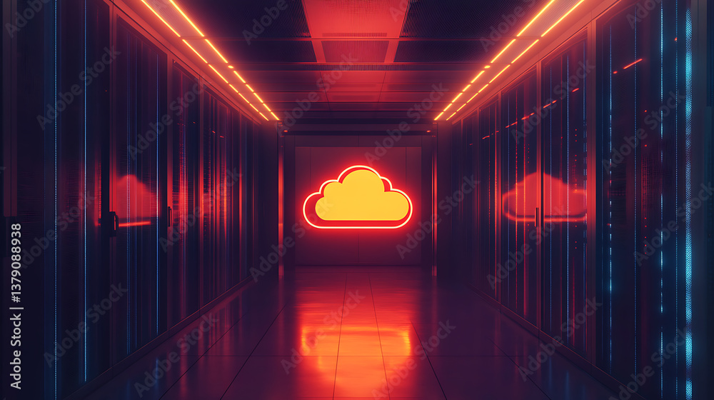 Poster Render of a cloud server room with a glowing orange cloud icon on a dark background the image depicts cloud storage, global networks, and data transfer