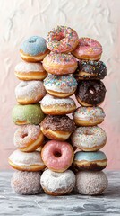 Stacked donuts in various colors and toppings
