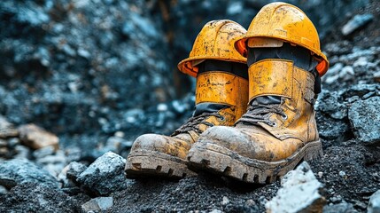 Obraz premium Mining Safety Equipment Protective Gear, Helmets, Safety Boots, and Safety Gloves for Workers in Hazardous Mining Environments Ensuring Safety During Mineral Extraction Activities