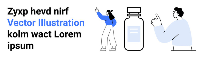Woman pointing upward and man gesturing at a large medicine bottle in minimalist outline style. Ideal for healthcare, discussion, pharmaceutical, innovation, teamwork, education, simple landing page